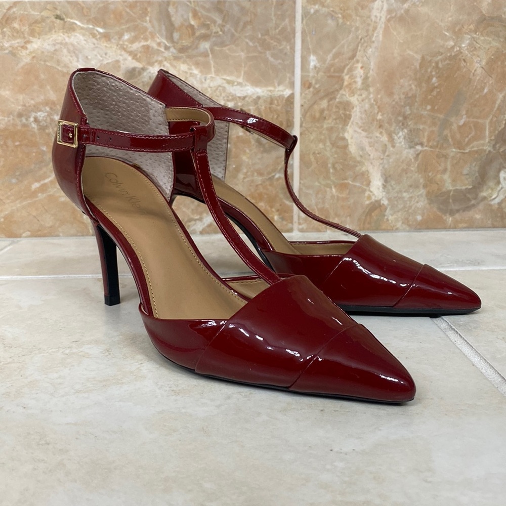 Deep Red Calvin Klein Strappy Heels with Gold detail